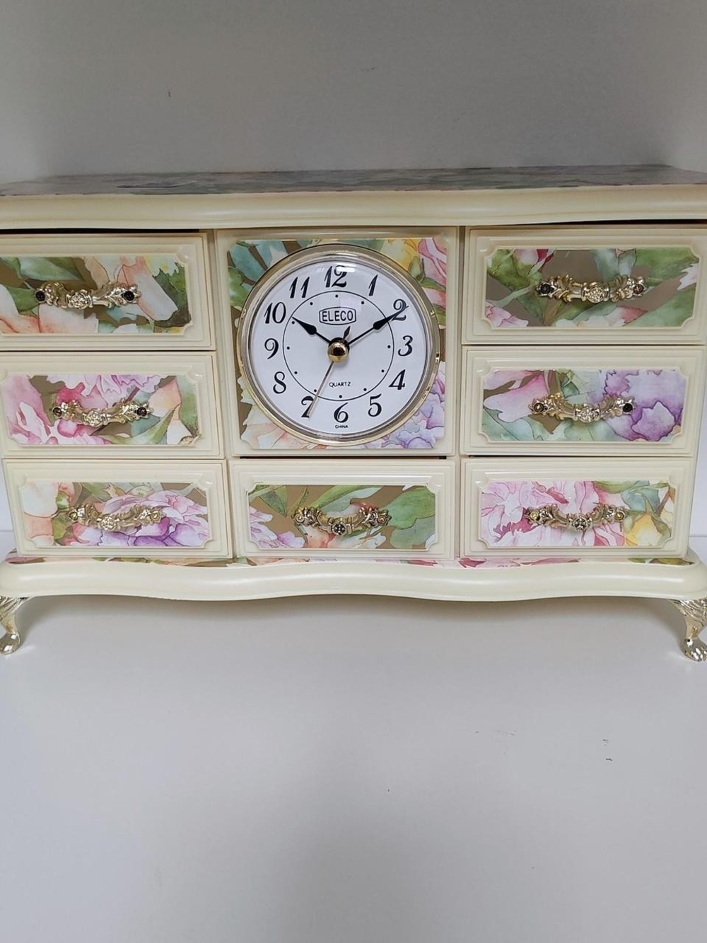 Eleco Floral Jewelry Box with Clock - Cream & Pastel Floral (With Free A GIFT)